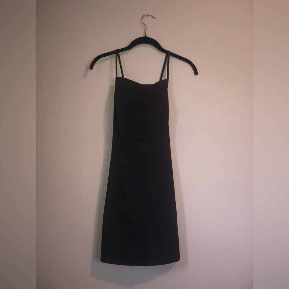 small vintage 90s a-line mini dress w/ thin straps | stretchy dark grey denim